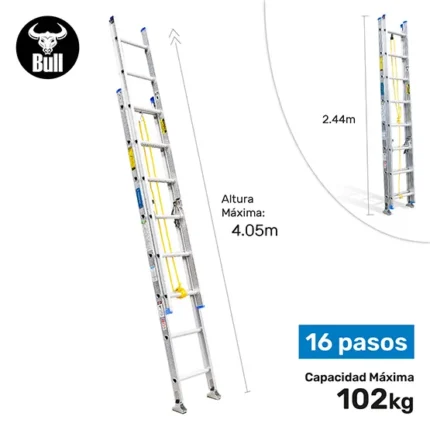 escalera aluminio telescopica 16 pasos 102kg 4.05m att102-16ii american bull